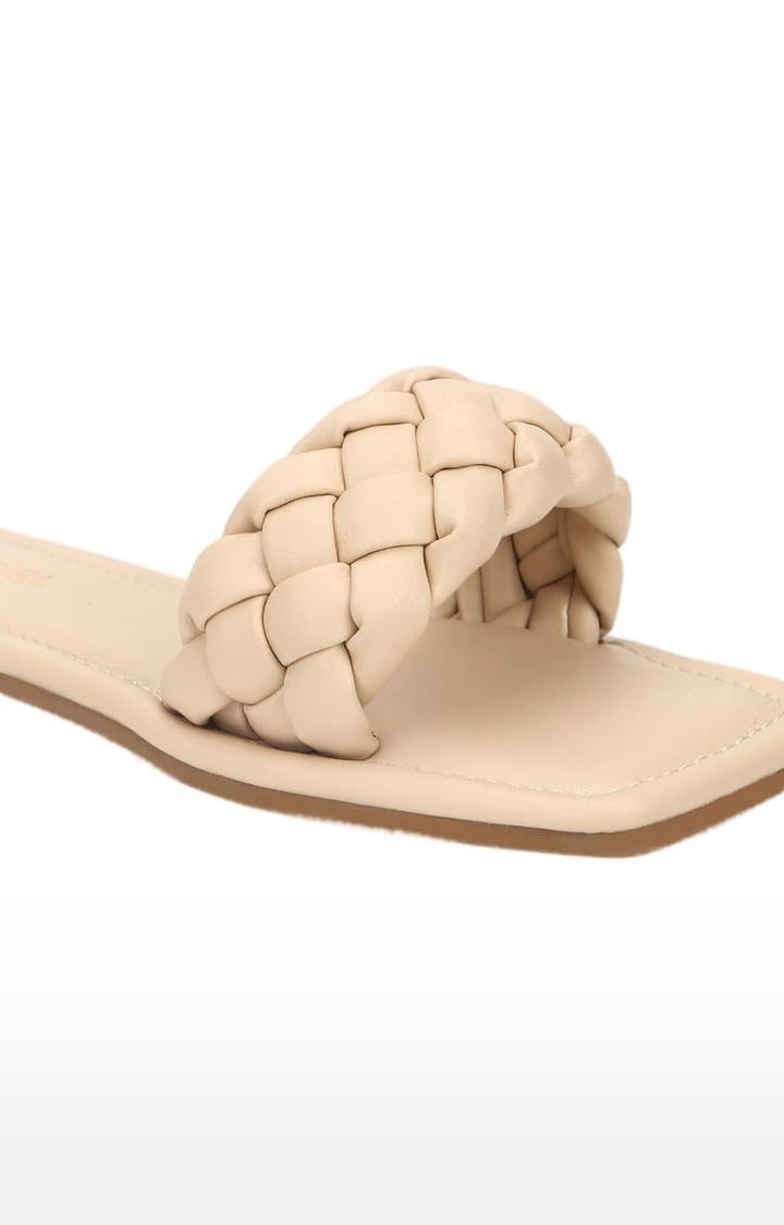 Truffle Collection | Women's Beige PU Quilted Flat Slip-ons 4