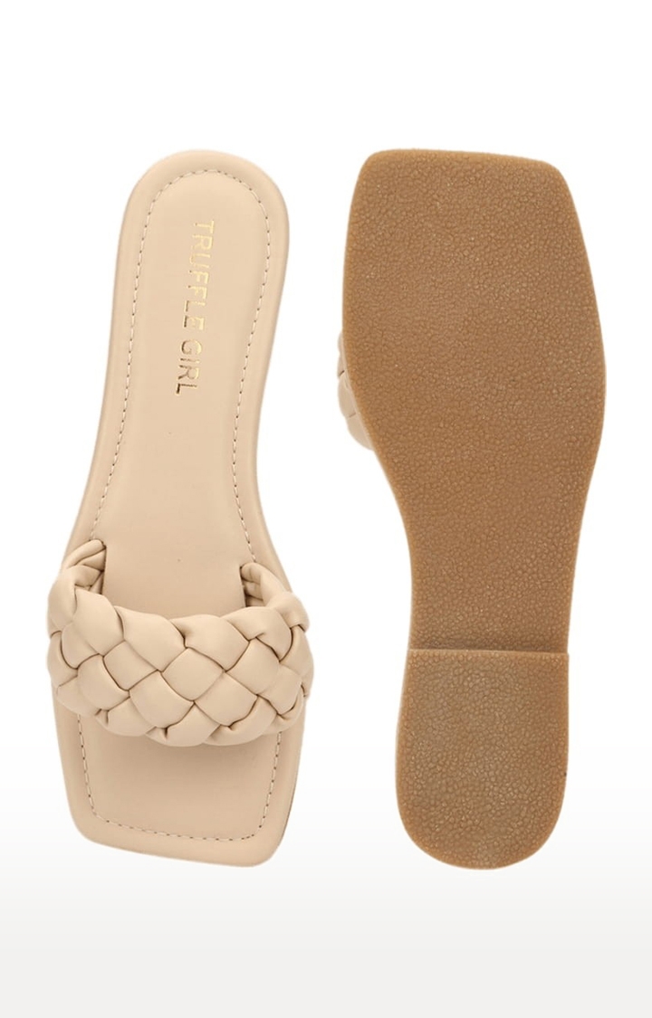 Truffle Collection | Women's Beige PU Quilted Flat Slip-ons 3