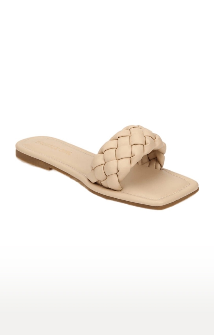 Truffle Collection | Women's Beige PU Quilted Flat Slip-ons 0
