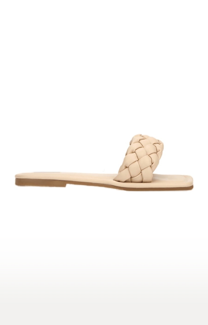 Truffle Collection | Women's Beige PU Quilted Flat Slip-ons 1