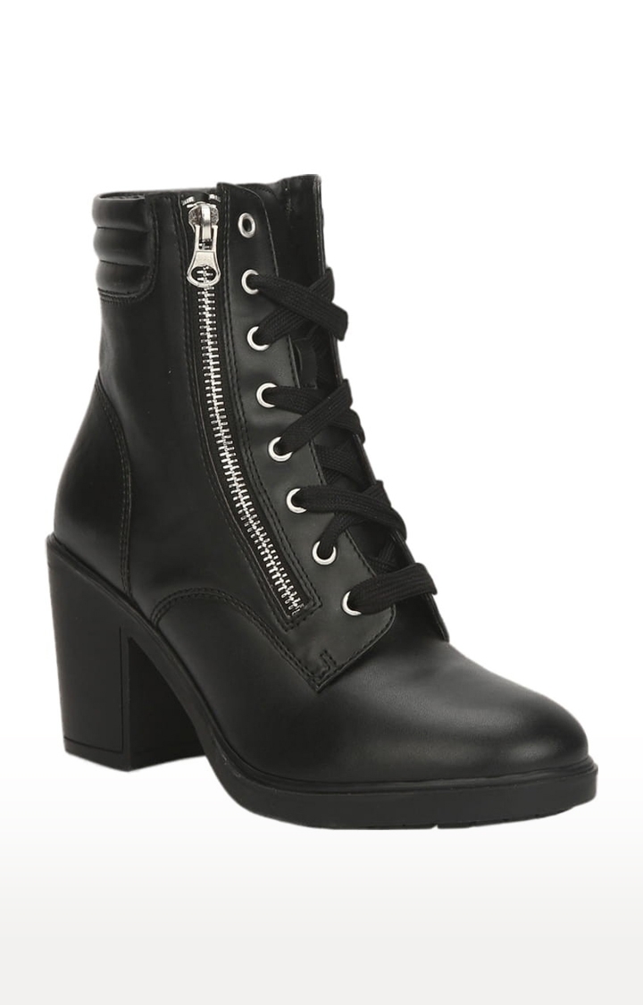 Truffle Collection | Women's Black PU Solid Lace-Up Boot 0