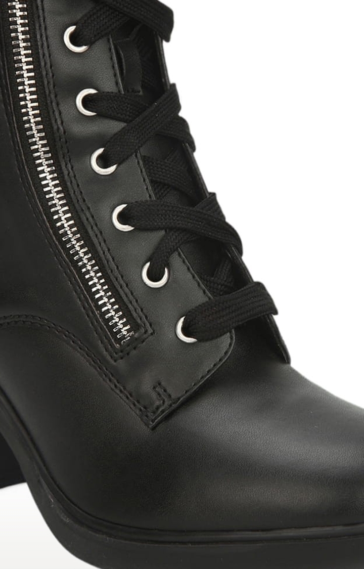 Truffle Collection | Women's Black PU Solid Lace-Up Boot 4