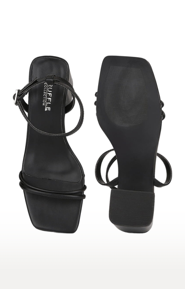 Truffle Collection | Women's Black PU Solid Buckle Block Heels 3