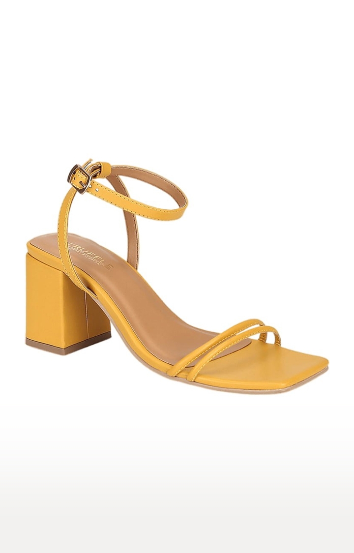 Truffle Collection | Women's Yellow PU Solid Buckle Block Heels