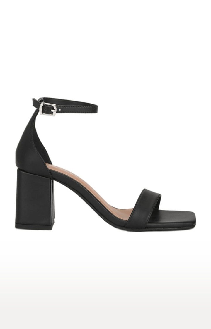 Women's Black PU Solid Buckle Block Heels