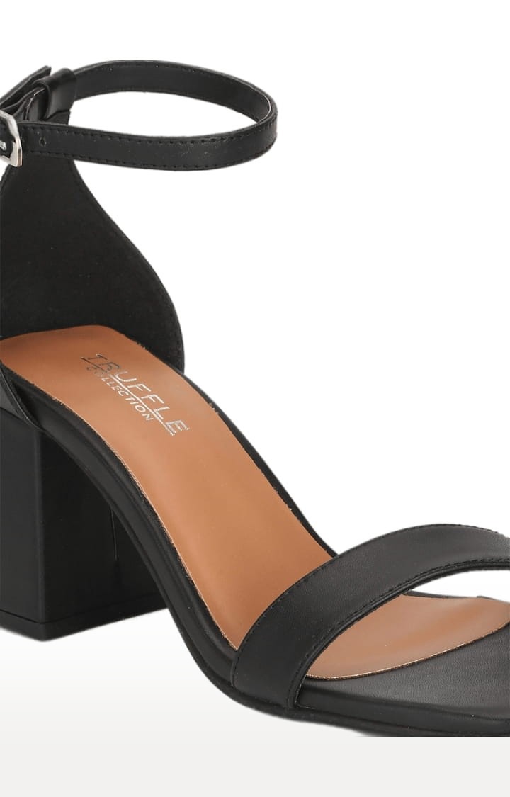 Women's Black PU Solid Buckle Block Heels