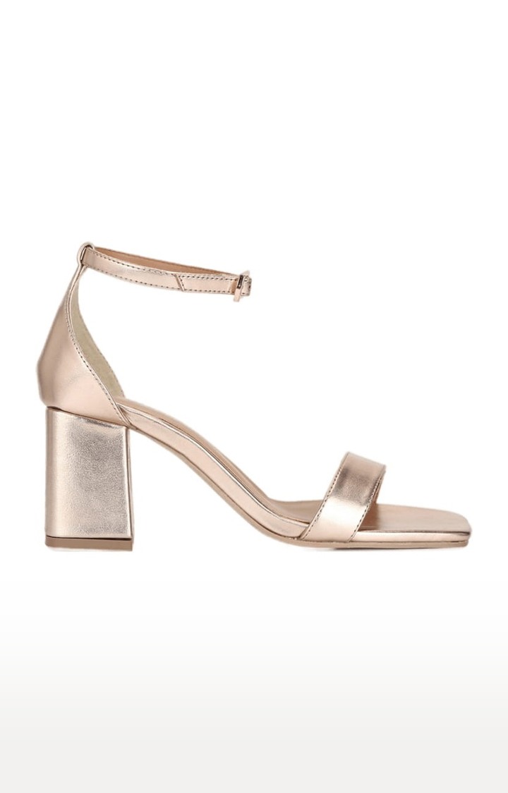 Women's Gold PU Solid Buckle Block Heels