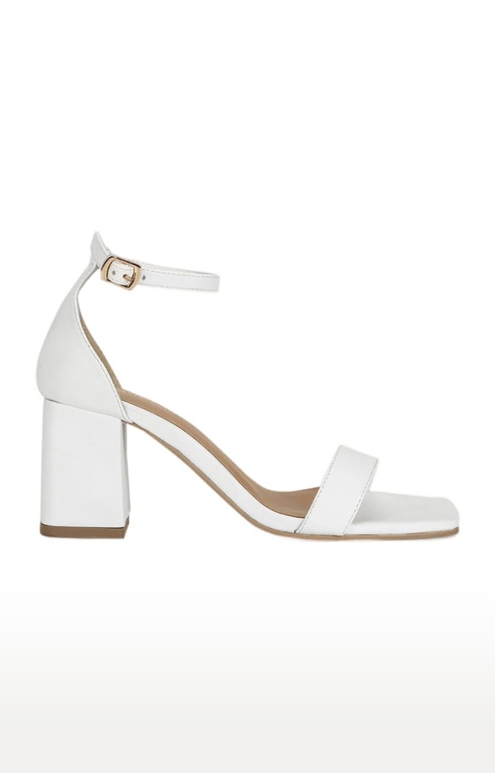 Women's White PU Solid Buckle Block Heels