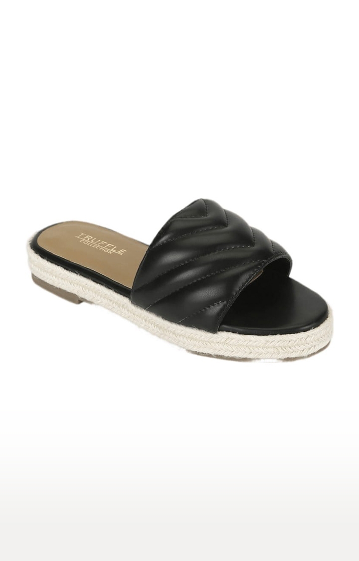 Truffle Collection | Women's Black PU Solid Slip On Casual Slip-ons