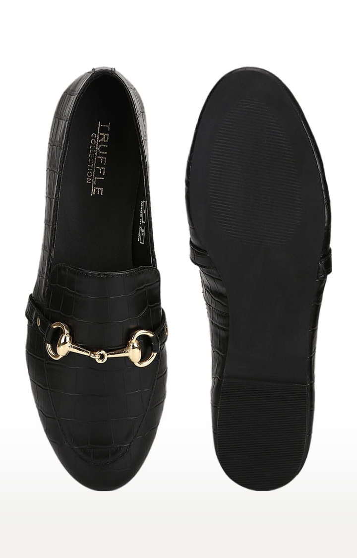 Truffle Collection | Women's Black PU Textured Slip On Loafers 3