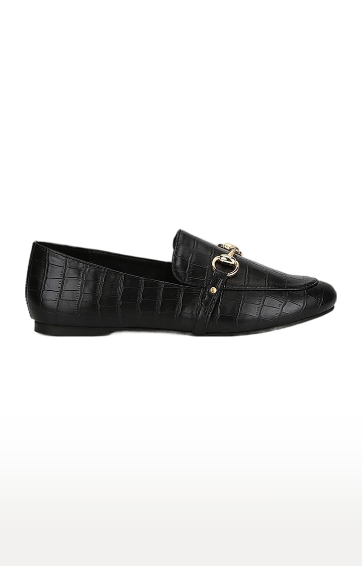 Truffle Collection | Women's Black PU Textured Slip On Loafers 1