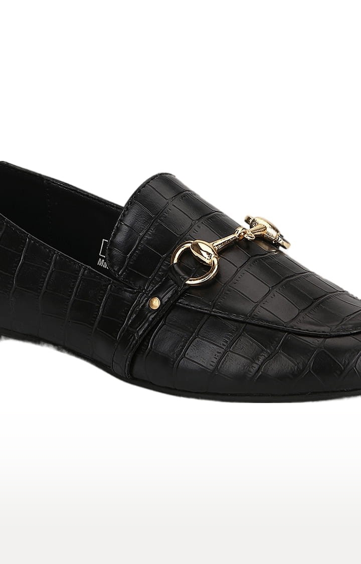 Truffle Collection | Women's Black PU Textured Slip On Loafers 4
