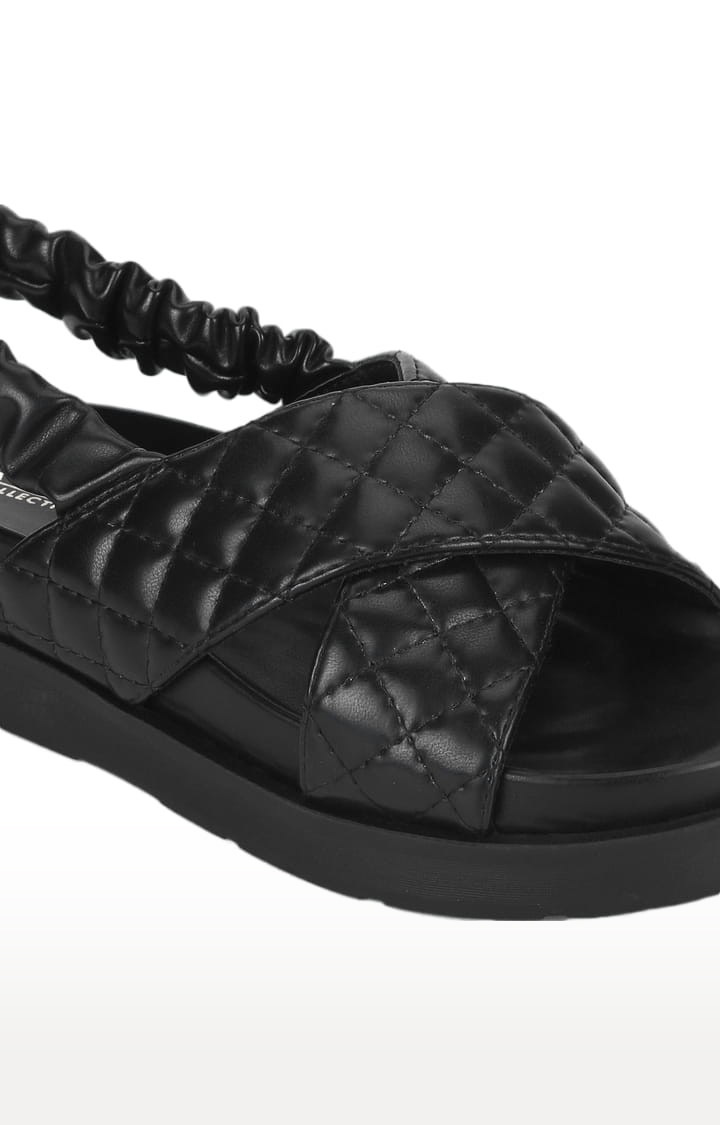 Truffle Collection | Women's Black PU Quilted Backstrap Sandals 4