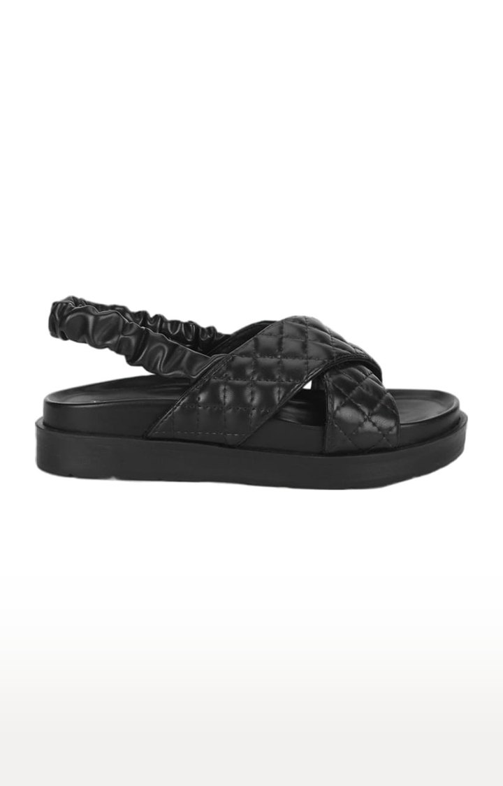 Truffle Collection | Women's Black PU Quilted Backstrap Sandals 1
