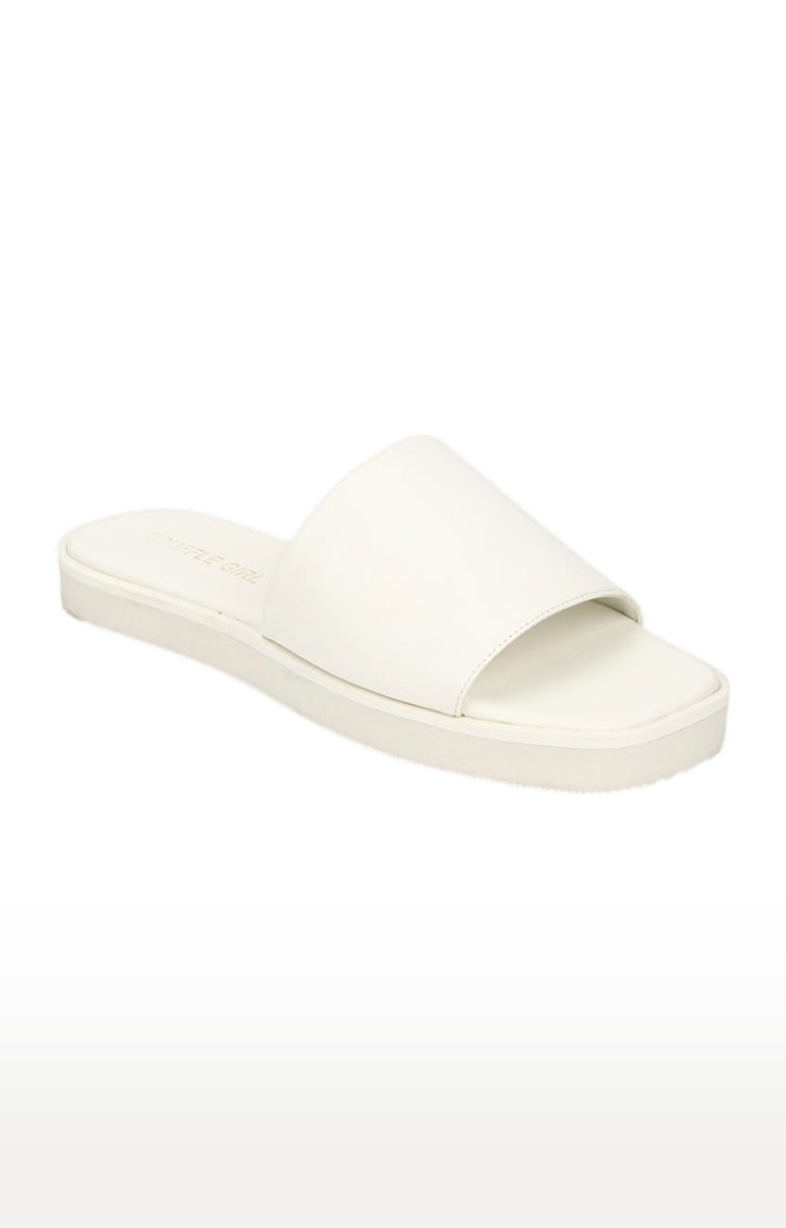 Truffle Collection | Women's White PU Solid Slip On Flip Flops