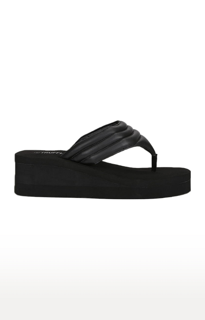 Truffle Collection | Women's Black PU Solid Slip On Wedges 1