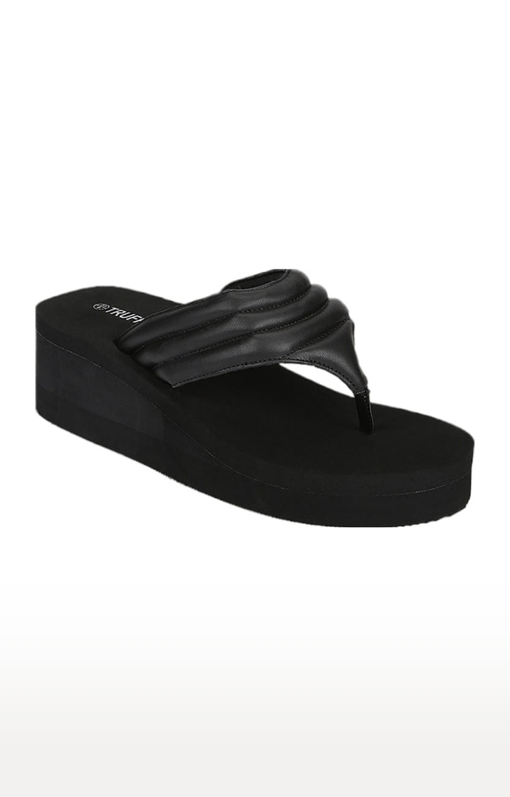 Truffle Collection | Women's Black PU Solid Slip On Wedges