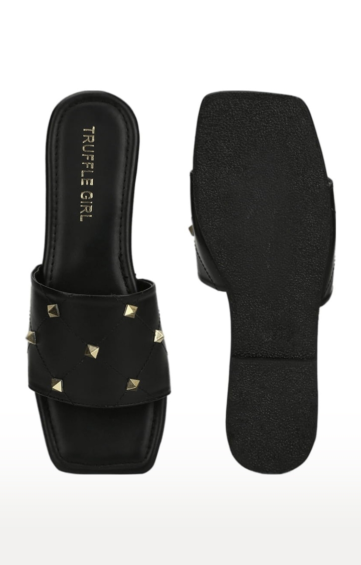 Truffle Collection | Women's Black PU Embellished Flat Slip-ons 3