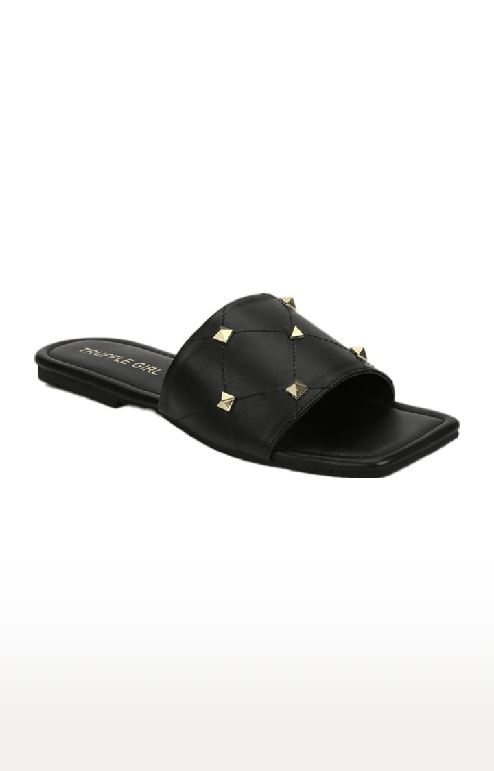 Truffle Collection | Women's Black PU Embellished Flat Slip-ons 0