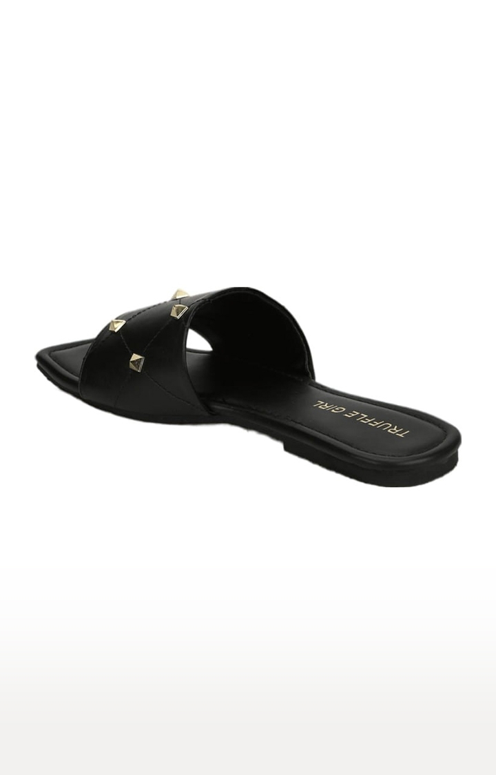 Truffle Collection | Women's Black PU Embellished Flat Slip-ons 2