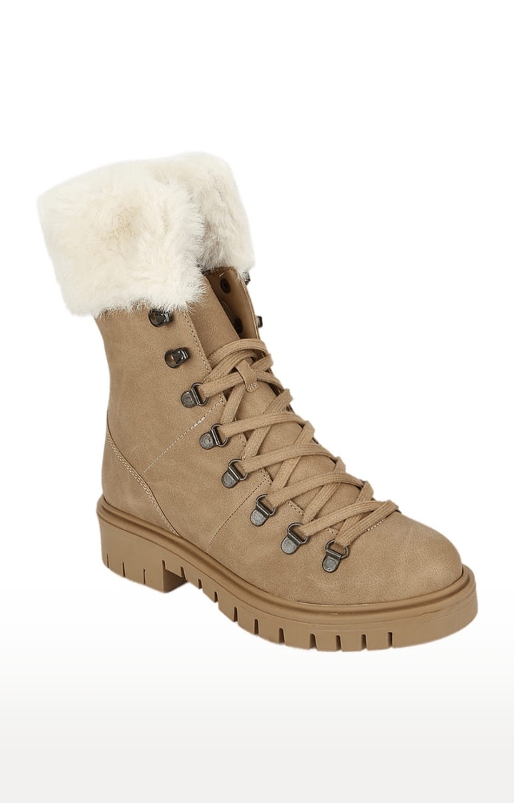 Truffle Collection | Women's Beige Synthetic Solid Lace-Up Boot 0