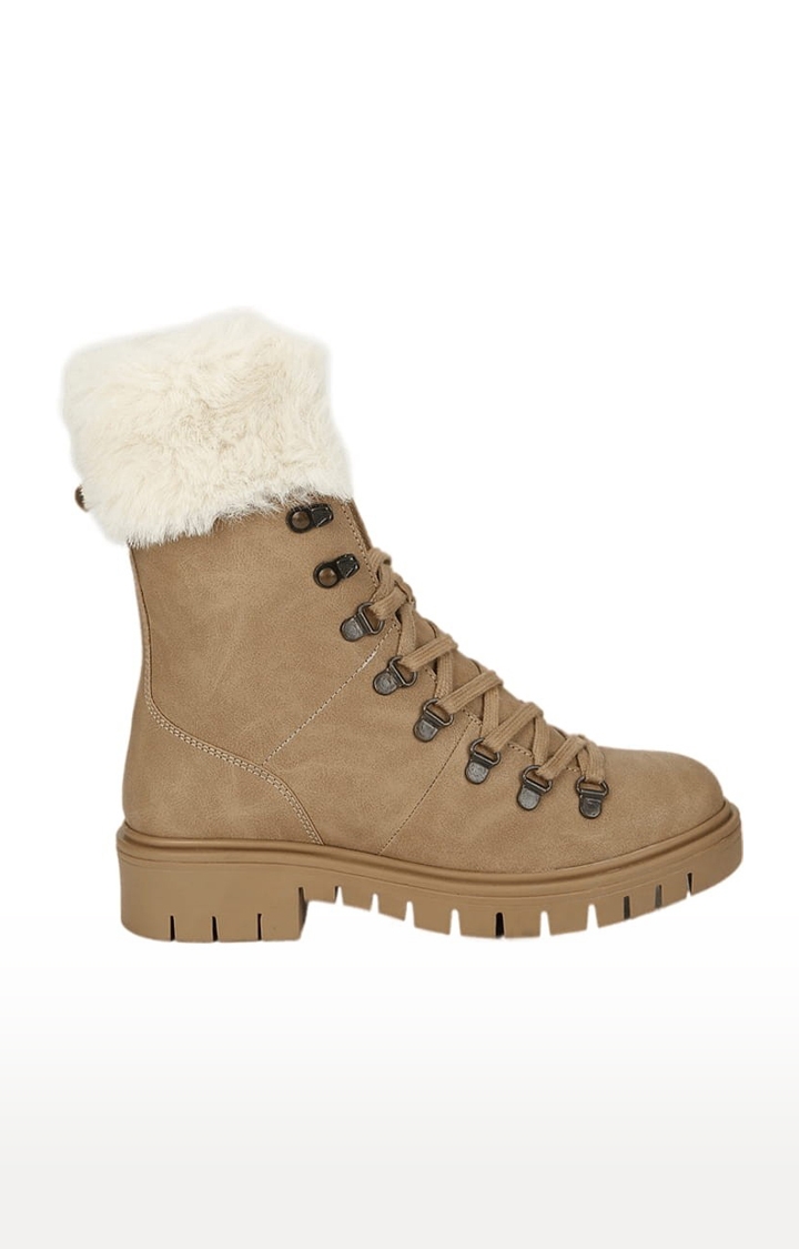 Truffle Collection | Women's Beige Synthetic Solid Lace-Up Boot 1