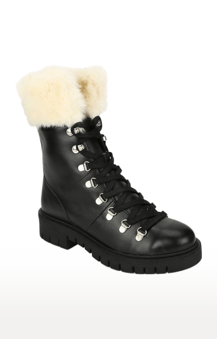 Women's Black PU Solid Lace-Up Boot