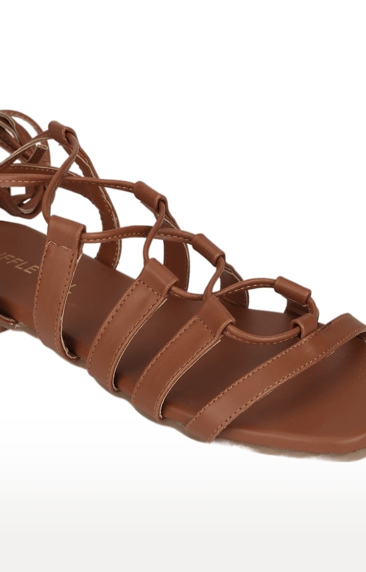 Truffle Collection | Women's Brown PU Solid Drawstring Sandals 4