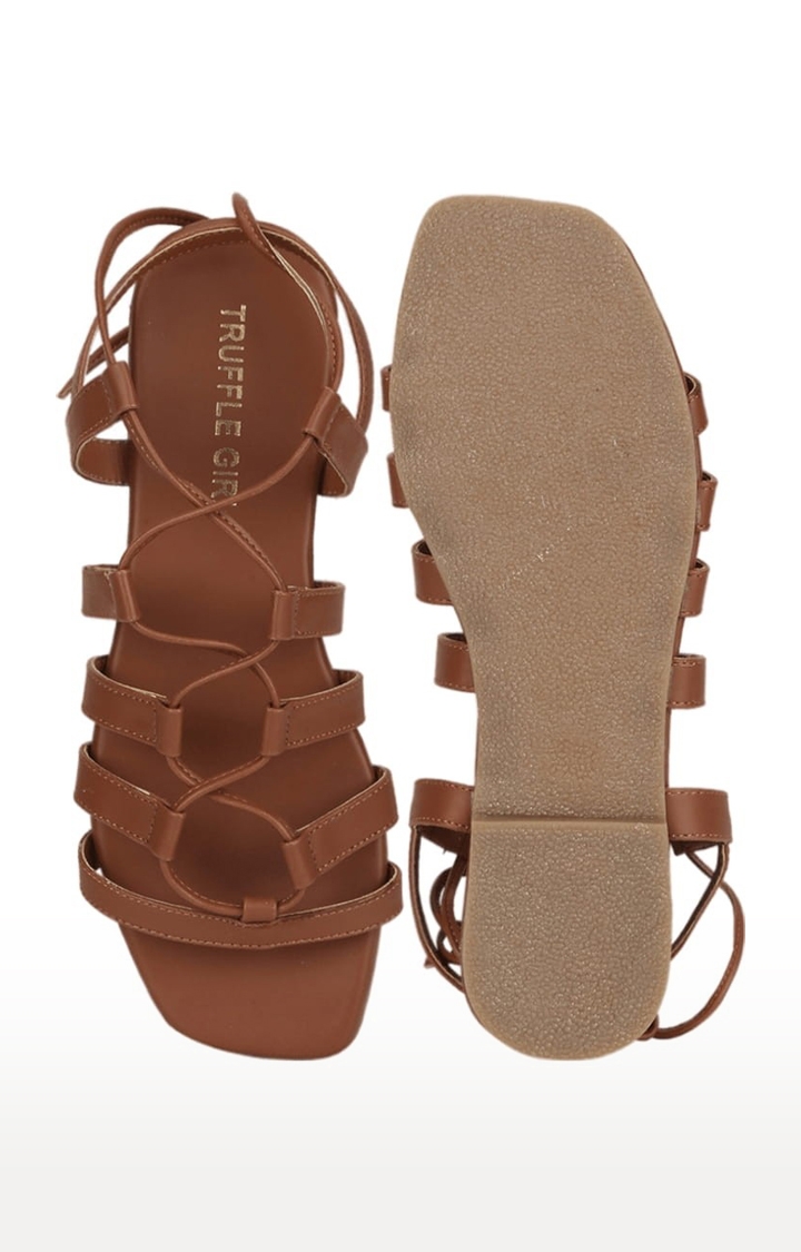 Truffle Collection | Women's Brown PU Solid Drawstring Sandals 3