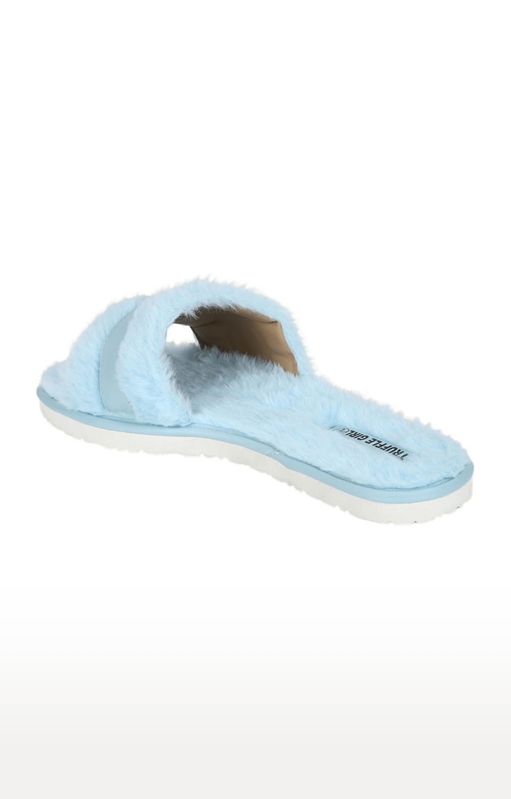 Truffle Collection | Women's Blue Fur Solid Slip On Flip Flops 2