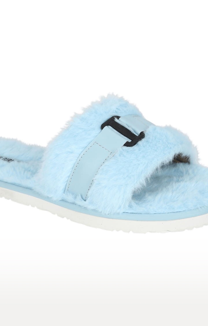 Truffle Collection | Women's Blue Fur Solid Slip On Flip Flops 4