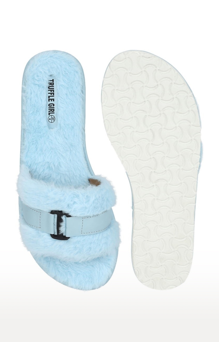 Truffle Collection | Women's Blue Fur Solid Slip On Flip Flops 3