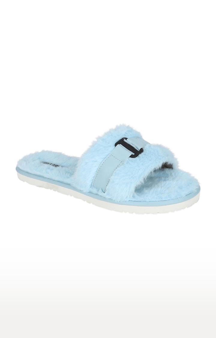 Truffle Collection | Women's Blue Fur Solid Slip On Flip Flops 0