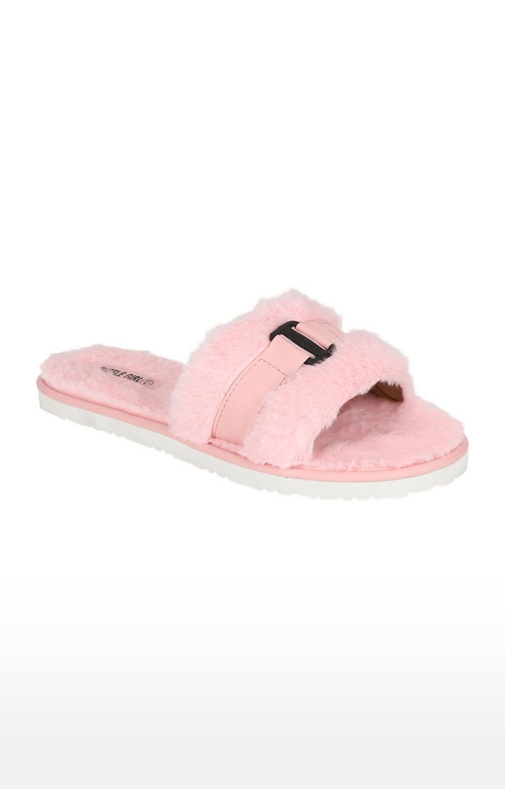Truffle Collection | Women's Pink Fur Solid Slip On Flip Flops 0