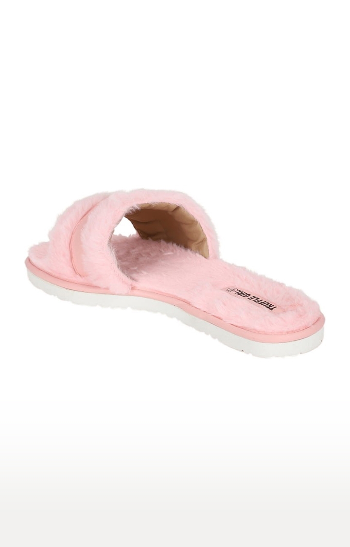 Truffle Collection | Women's Pink Fur Solid Slip On Flip Flops 2