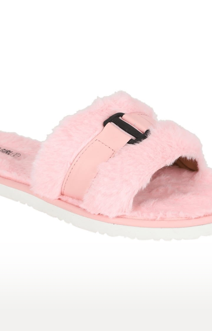 Truffle Collection | Women's Pink Fur Solid Slip On Flip Flops 4