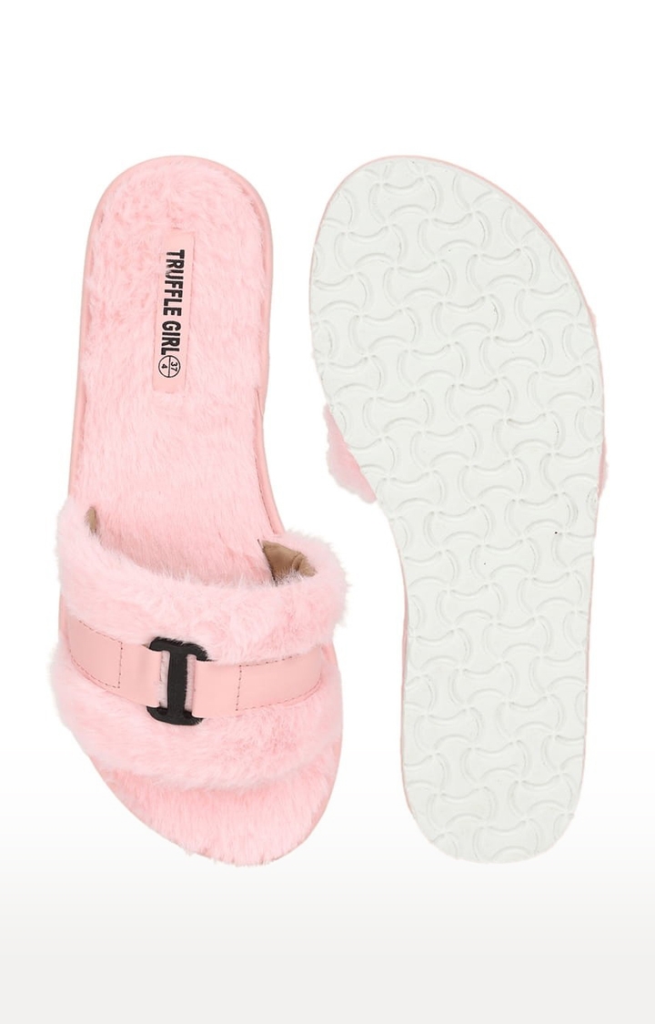 Truffle Collection | Women's Pink Fur Solid Slip On Flip Flops 3