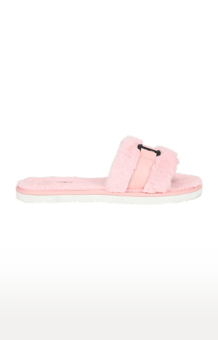 Truffle Collection | Women's Pink Fur Solid Slip On Flip Flops 1