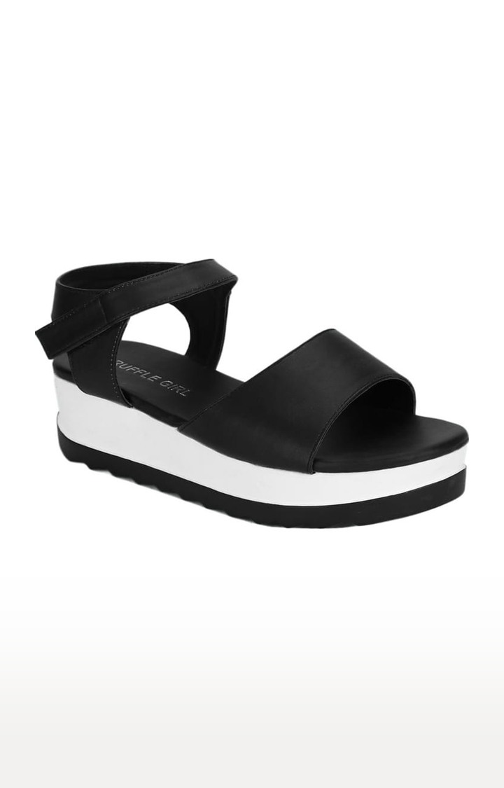 Women's Black PU Solid Slip On Sandals