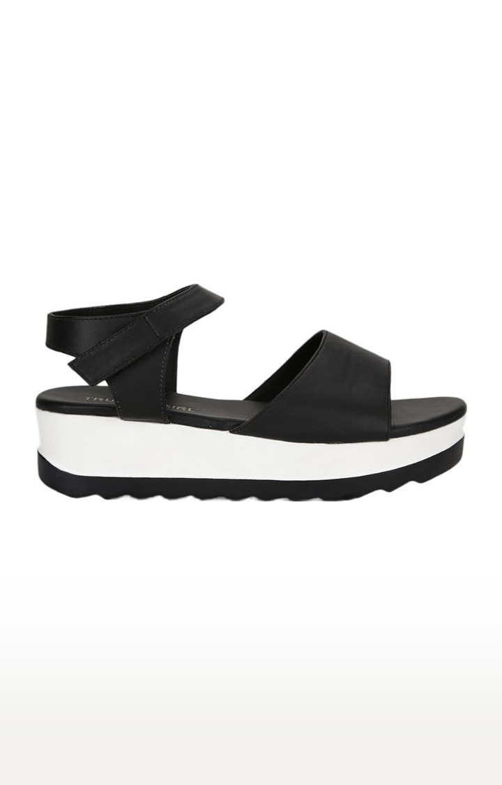Women's Black PU Solid Slip On Sandals