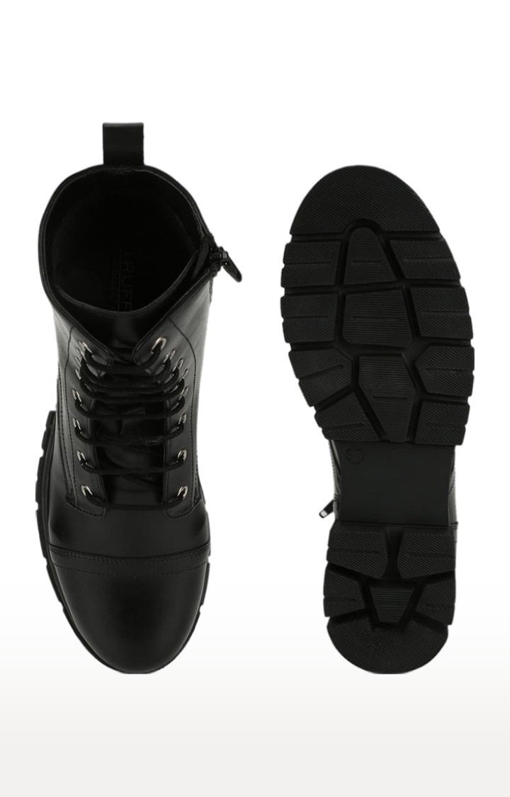 Truffle Collection | Women's Black PU Solid Lace-Up Boot 3