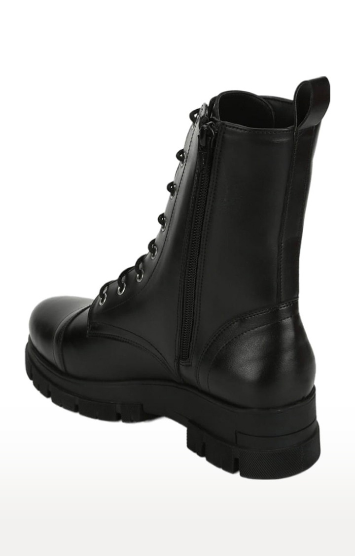 Truffle Collection | Women's Black PU Solid Lace-Up Boot 2