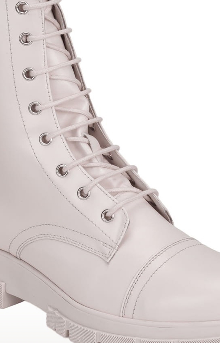 Truffle Collection | Women's Beige PU Solid Lace-Up Boot 4