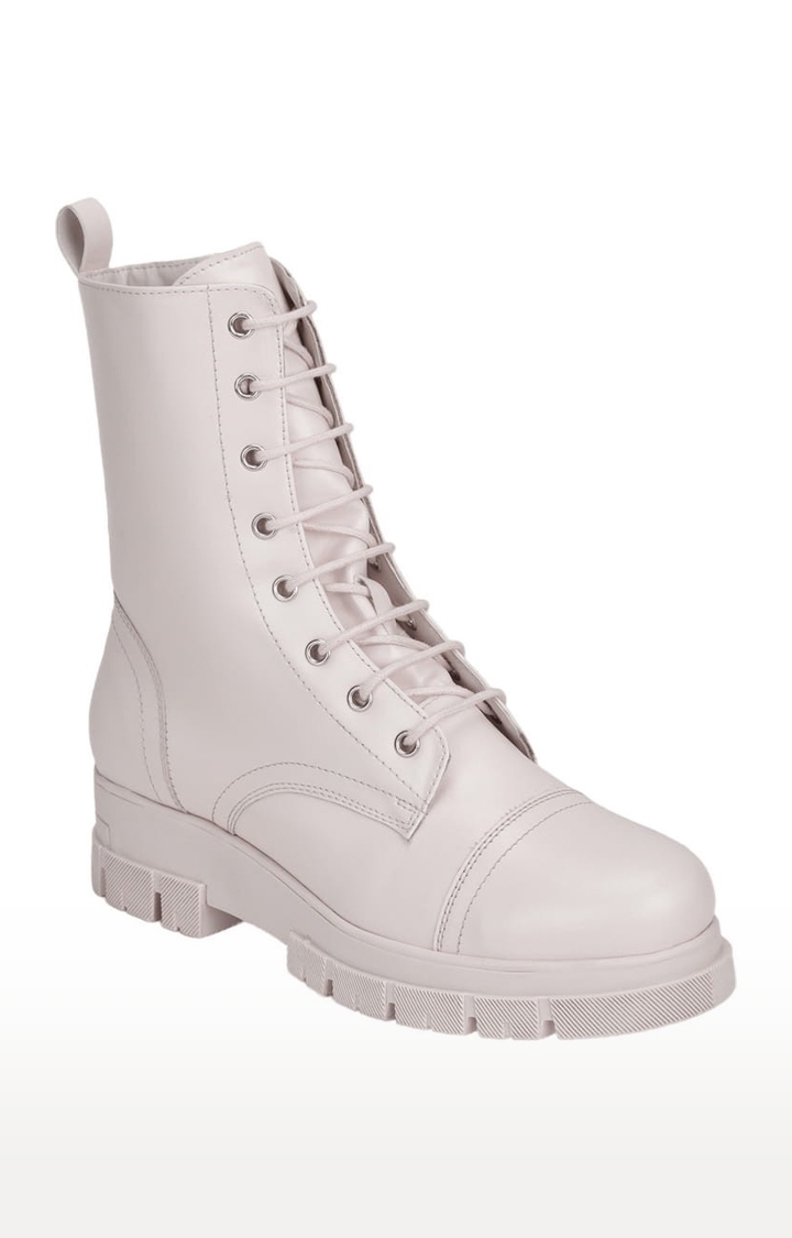 Truffle Collection | Women's Beige PU Solid Lace-Up Boot 0