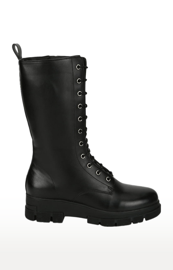 Women's Black PU Solid Lace-Up Boot