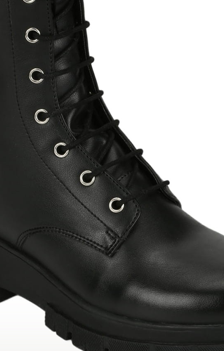 Women's Black PU Solid Lace-Up Boot