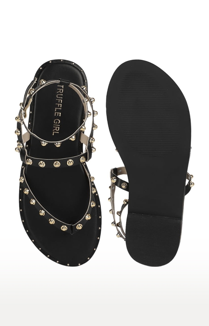Truffle Collection | Women's Black PU Embellished Buckle Sandals 3