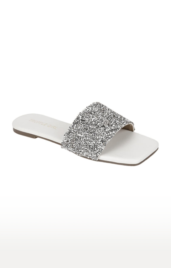 Truffle Collection | Women's White PU Embellished Flat Slip-ons 0