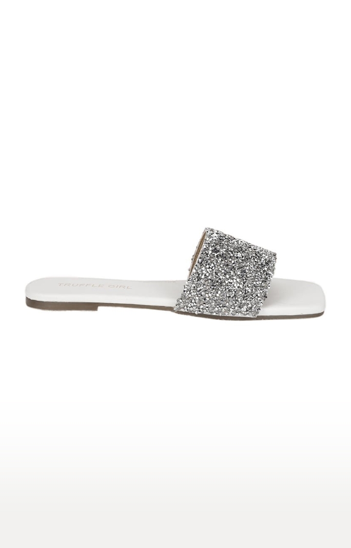 Truffle Collection | Women's White PU Embellished Flat Slip-ons 1