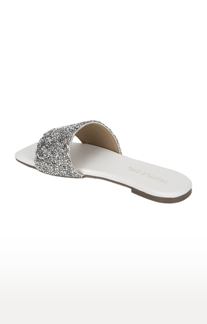 Truffle Collection | Women's White PU Embellished Flat Slip-ons 2